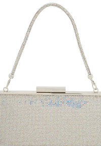 Kuverttas med rhinestones, metallspänne och en smal, glittrande rem. Fyrkantig form med en slät, reflekterande yta.