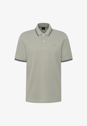 Helles graues Polohemd, kurze Ärmel, mit navy-gestreiften Bündchen und Kragen. Zwei-Knopf-Blende und dezentes gesticktes Logo auf der Brust.