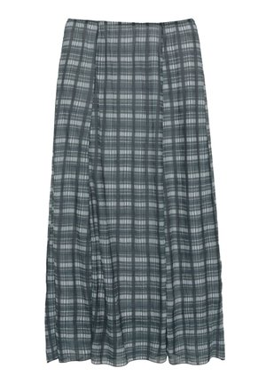 Grå og hvid ternet midi-nederdel med læg og elastisk taljebånd, vist fladt på en hvid baggrund.