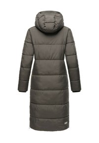 Padded hooded coat in grey, knee-length, with horizontal quilting, long sleeves, and elastic cuffs. Features a small logo detail at the hem.
