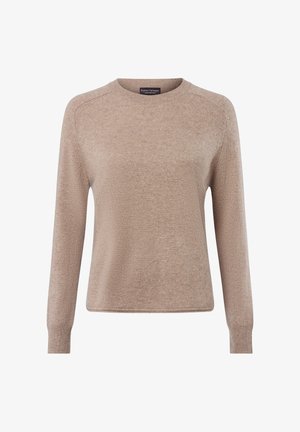 Hellbeige gestrickter Pullover mit langen Ärmeln, rundem Halsausschnitt und gerippten Bündchen. Weiche Textur mit dezentem Glanz. Schlichte Gestaltung, ohne Muster.
