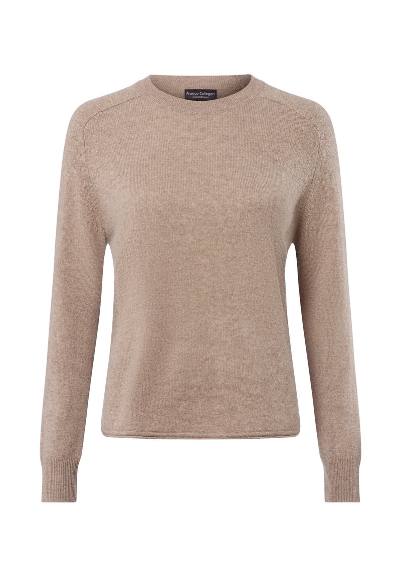 Hellbeige gestrickter Pullover mit langen Ärmeln, rundem Halsausschnitt und gerippten Bündchen. Weiche Textur mit dezentem Glanz. Schlichte Gestaltung, ohne Muster.