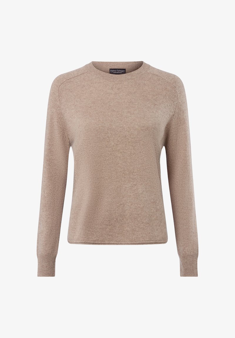 Hellbeige gestrickter Pullover mit langen Ärmeln, rundem Halsausschnitt und gerippten Bündchen. Weiche Textur mit dezentem Glanz. Schlichte Gestaltung, ohne Muster.