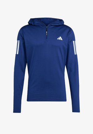 Marineblaues Langarm-Pullover mit Kapuze, Halb-Reißverschluss, gerippter Textur und weißen Drei-Streifen-Akzenten an den Ärmeln.