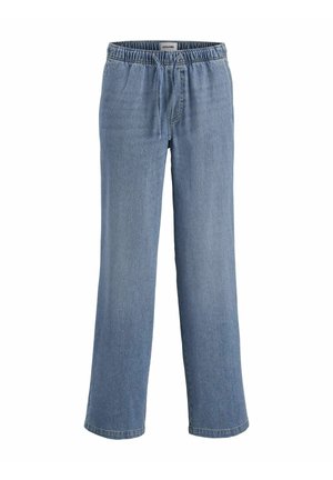 Pantalon en denim bleu clair avec une taille élastique, coupe loose, jambe droite et détails de couture minimalistes pour un look décontracté.