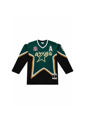 Dallas Stars grüne und schwarze Eishockey-Trikot mit goldenem Stern-Logo, "A"-Buchstaben-Patch und dem Erinnerungs-Patch zum Stanley Cup 1999.