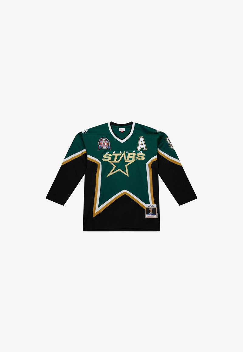 Dallas Stars green and black hockey jersey with gold star logo, "A" letter patch, and 1999 Stanley Cup commemorative patch.