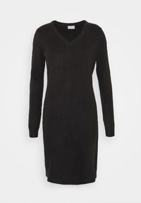 Robe tricotée noire à manches longues et décolleté en V. Texture douce avec des poignets et un ourlet côtelés, présentant une silhouette droite.