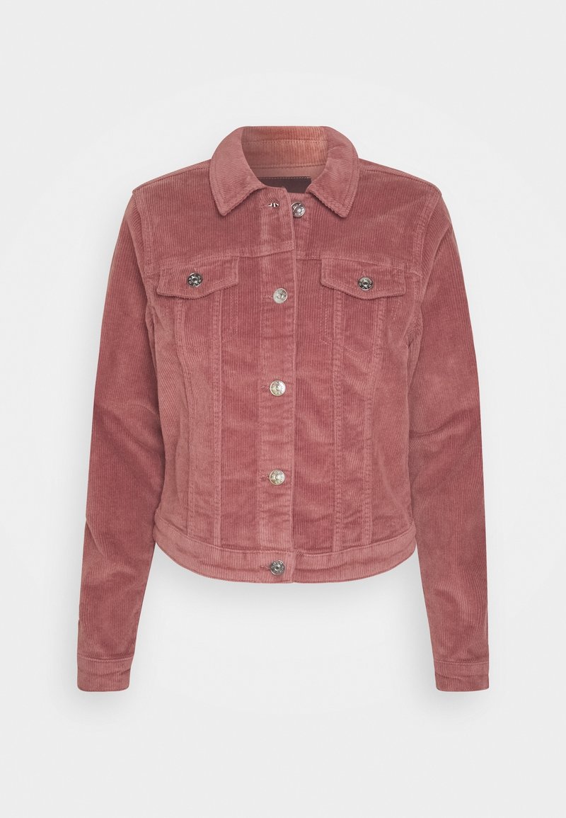 Veste en velours côtelé rose poudré pour femme avec boutons argentés, deux poches poitrine, manches longues et col.