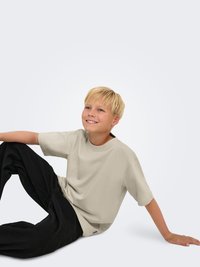 Lys grå kortærmet t-shirt, afslappet pasform, parret med sorte bukser, siddende stilling. Glat stoftekstur og enkelt design.