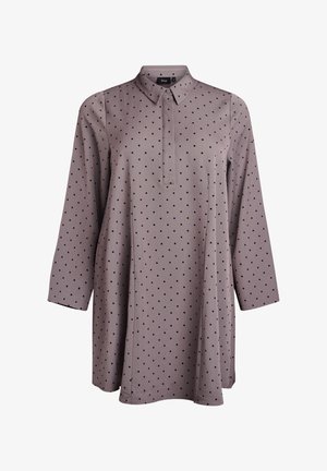 Langärmlige mauve Tunika mit schwarzen Punkten, spitzem Kragen und verdeckter Knopfleiste vorne.