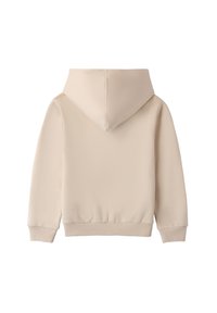 Sudadera con capucha beige de textura suave, con puños y cinturilla acanalados. Diseño sencillo, sin logotipos ni patrones visibles.