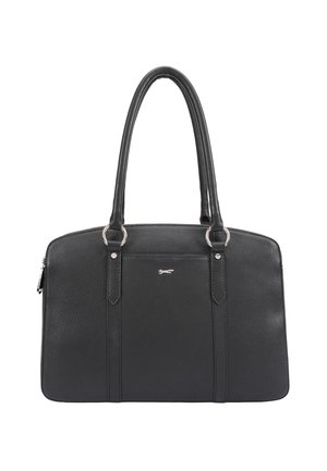 Sac à main en cuir noir avec deux longues anses, anneaux argentés fixant les anses, fermeture éclair et petit logo argenté sur la poche avant.