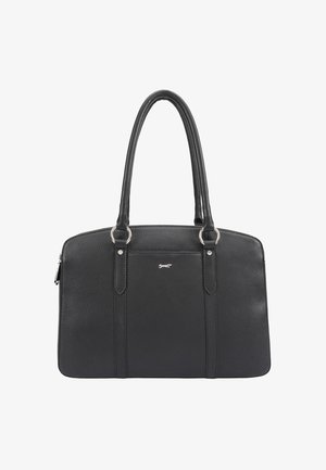 Sac à main en cuir noir avec deux longues anses, anneaux argentés fixant les anses, fermeture éclair et petit logo argenté sur la poche avant.