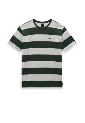 Kortærmet T-shirt med brede vandrette mørkegrønne og grå striber samt et lille Vans-logo på brystet.
