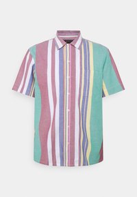 Camicia a maniche corte con bottoni, a righe verticali in verde, marrone, bianco, viola, giallo e blu, con taschino sul petto.