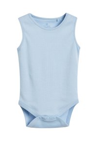 Světlomodrý bezrukávový body z měkkého bavlněného materiálu se zapínáním na patenty na dně a kulatým výstřihem. Hladká textura a jednoduchý design.