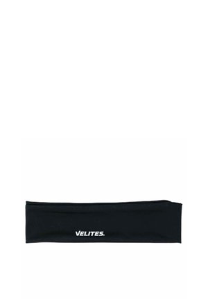 Diadema de tela negra con el logo blanco "VELITES" centrado en la parte delantera sobre un fondo blanco.