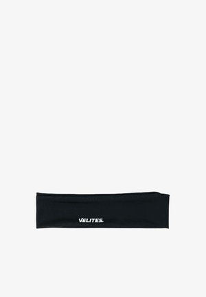 Diadema de tela negra con el logo blanco "VELITES" centrado en la parte delantera sobre un fondo blanco.