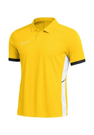 Gelbes Poloshirt mit kurzen Ärmeln, schwarzen Ärmelbündchen, weißen Seitenpaneelen und einem weißen Nike Swoosh-Logo auf der rechten Brust.