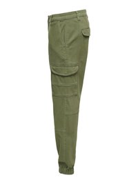 Pantalones cargo verdes con un ajuste slim, puños elásticos en los tobillos, múltiples bolsillos y una tela suave de mezcla de algodón. Diseño sencillo sin estampados.