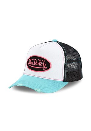 Gorra trucker blanca con visera turquesa, parte trasera de malla negra, parche del logo de Von Dutch en rosa y negro, y detalles desgastados en la visera.