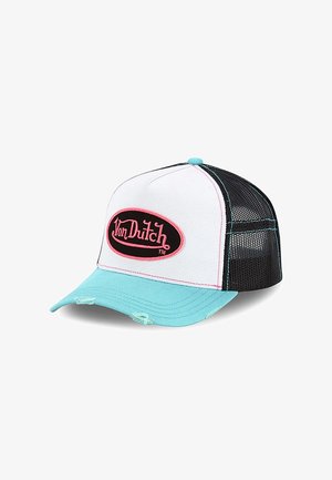 Casquette de camionneur blanche avec une visière turquoise, un dos en maille noire, un patch logo Von Dutch rose et noir, et des détails usés sur la visière.