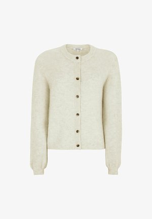 Cream cardigan made of soft fabric, featuring a round neck, long sleeves, and six brown buttons down the front with ribbed cuffs and hem.