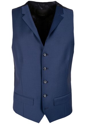 Marineblaues Weste aus glattem Stoff, mit einem Reverskragen, sechs Knöpfen und zwei Vorderaschen. Klassisches, tailliertes Design ohne Ärmel.