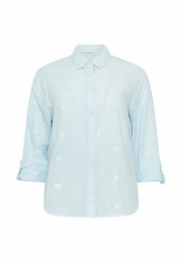 Light blue button-up shirt with a collar, embroidered white daisies, and rolled-up sleeves, made of lightweight fabric with a textured finish.