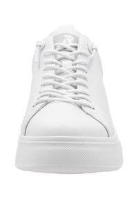 White sneaker with smooth synthetic upper, round toe, flat laces, and a textured rubber sole. Simple design with no visible logos or patterns.