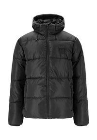 Doudoune noire en tissu lisse et brillant. Elle comprend une capuche, une fermeture éclair à l'avant et deux poches latérales avec un design matelassé et carré.