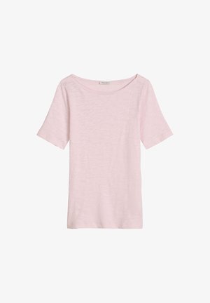 Light pink short-sleeve T-shirt with a wide round neckline, made of soft textured fabric, displayed on a plain white background.