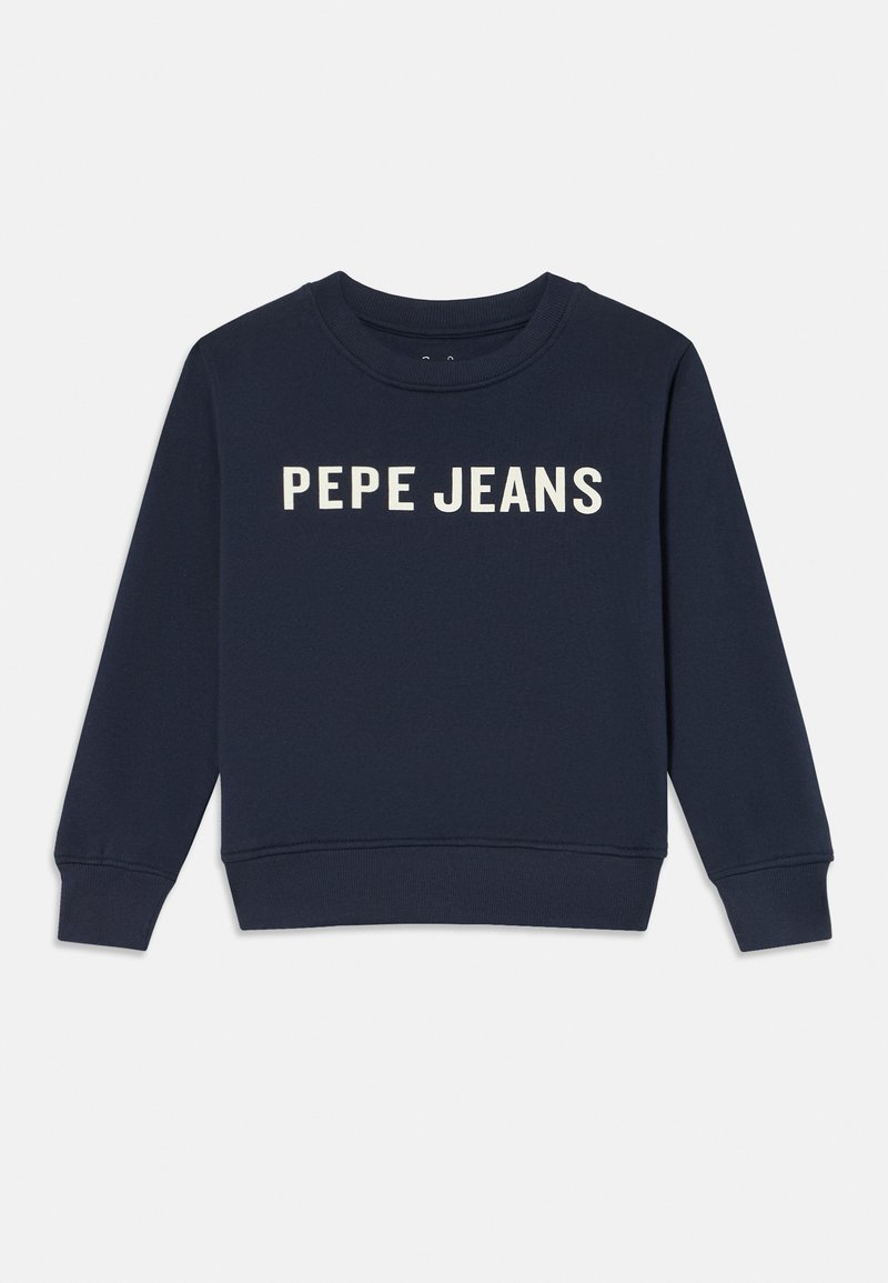 Felpa blu navy realizzata in misto cotone, con maniche lunghe e polsini a costine. Scritta "PEPE JEANS" stampata in grandi lettere bianche sul davanti.