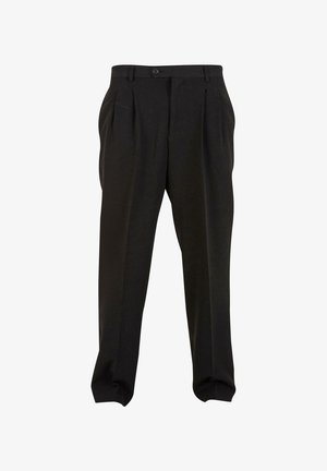 Pantalones negros de talle alto con pliegues, passantes para cinturón, cierre de botón y piernas ligeramente estrechas, mostrados sobre un fondo blanco.