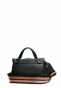 Borsa in pelle nera con texture, dotata di due manici e di una tracolla in tessuto a strisce staccabile con accentuazioni rosa, arancione e nera.