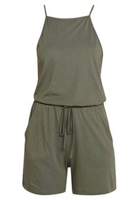 Olivgrön byxdress med tunna axelremmar, lös passform, dragsko i midjan och sidofickor. Tillverkad av mjukt, lätt tyg.