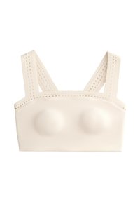Cream-colored bralette with thick, perforated straps and raised detailing on the cups, featuring a smooth finish and a fitted design.