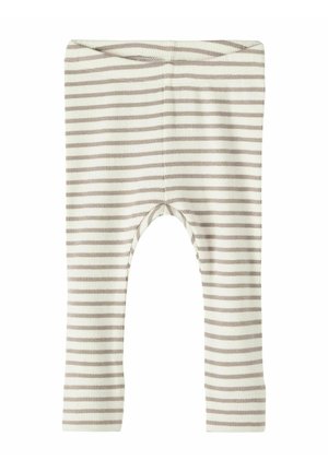 Gestreifte Leggings aus einem weichen, dehnbaren Stoff in Creme mit hellbraunen horizontalen Streifen, entworfen mit einem elastischen Bund und abgerundeten Nähten.