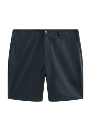 Dark navy blue tailored shorts with belt loops, side pockets, and a single button closure at the waistband.