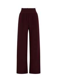 Pantaloni a gamba larga color bordeaux con vita arricciata, realizzati in tessuto leggero, caratterizzati da una vestibilità ampia e una texture liscia.