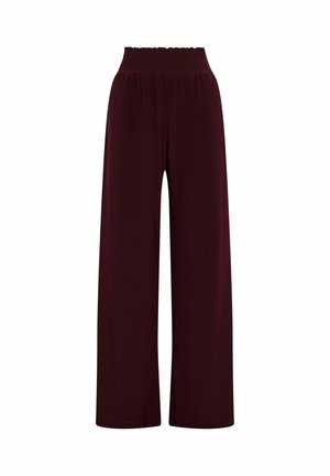 Bordeauxrote Hosen mit weitem Bein und elastischem Bund aus leichtem Stoff, die einen lockeren Sitz und eine glatte Textur aufweisen.