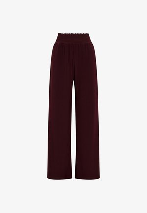 Bordeauxrote Hosen mit weitem Bein und elastischem Bund aus leichtem Stoff, die einen lockeren Sitz und eine glatte Textur aufweisen.