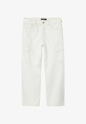Pantalons cargo blancs en denim, dotés de plusieurs poches, d'une coupe décontractée, de coutures visibles et d'une fermeture à bouton à la taille.