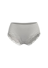 Graue Baumwollshorts mit gezacktem Spitzenbesatz entlang des Bunds und der Beinöffnungen, die eine weiche Textur und ein glattes Design aufweisen.