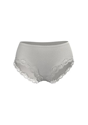 Graue Baumwollshorts mit gezacktem Spitzenbesatz entlang des Bunds und der Beinöffnungen, die eine weiche Textur und ein glattes Design aufweisen.