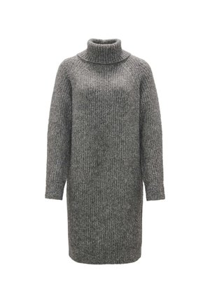 Gestricktes graues Sweatkleid mit hohem Rollkragen, langen Ärmeln und einem strukturierten Rippendesign. Mittellanger Schnitt, weiche Stoffoberfläche.