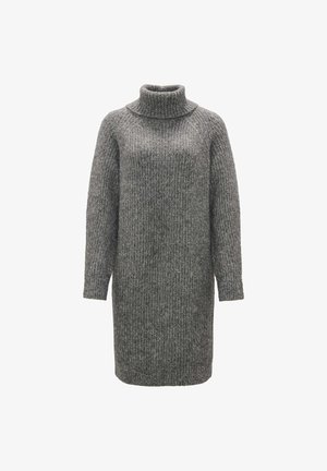 Gestricktes graues Sweatkleid mit hohem Rollkragen, langen Ärmeln und einem strukturierten Rippendesign. Mittellanger Schnitt, weiche Stoffoberfläche.