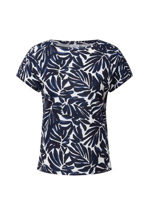 Short-sleeved blouse in a white fabric featuring a navy and blue leaf print. Round neckline and relaxed fit with a smooth texture.