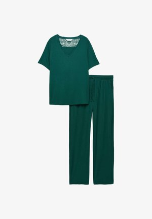 Teal loungewear sæt med en kortærmet V-hals top og bukser med snøre. Blødt stof, afslappet pasform og ingen synlige mønstre.